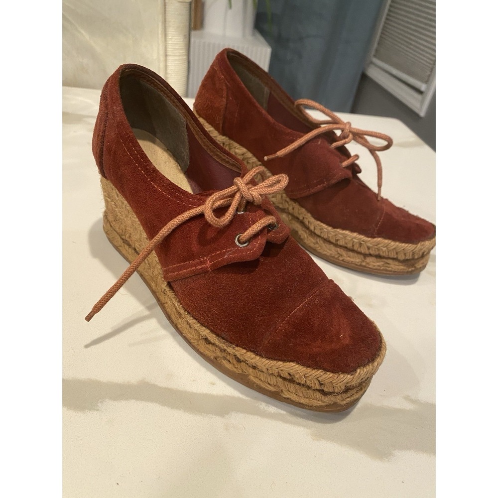 Women's Shoes Vintage Rust Suede Espadrille Wedge Lace Up Platform 7.5 VTG